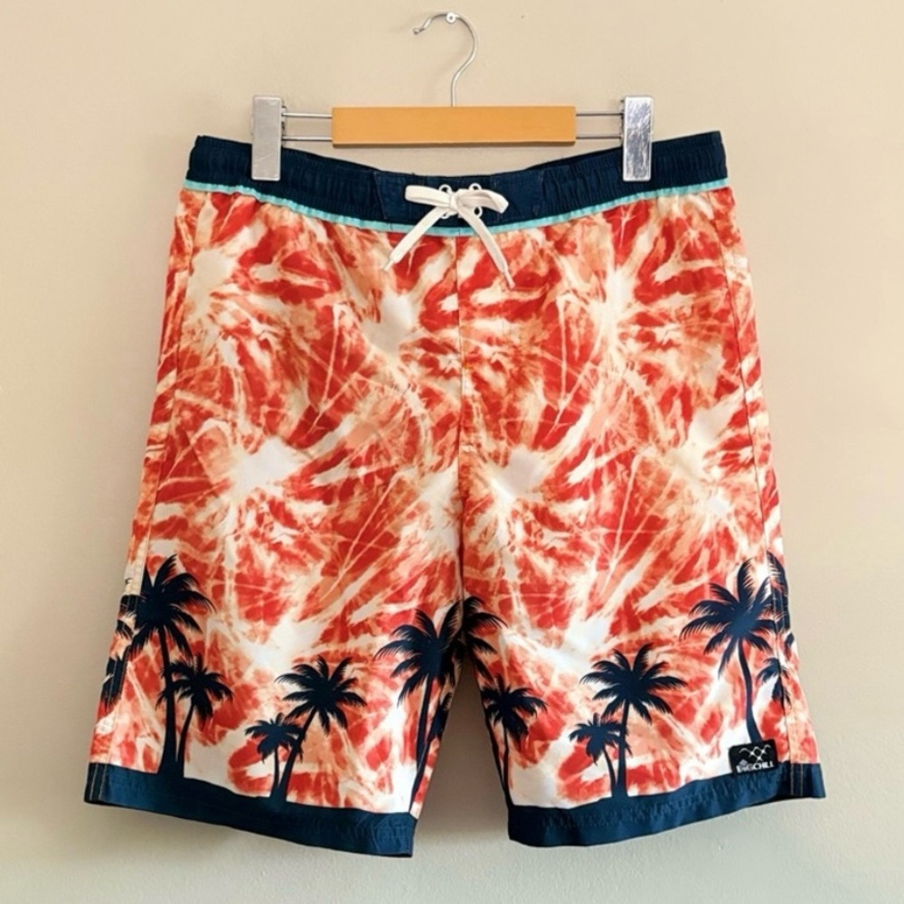 Big Chill Orange Tie-Dye Swim Trunks w Navy Palm Tree Design – Size XL - Picture 2 of 12